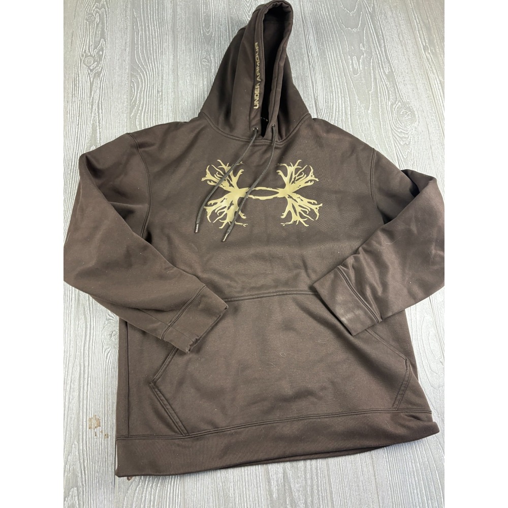 Under Armour Hoodie Mens Small Sweatshirt Brown Pullover Antler Logo Outdoor